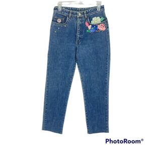 Vintage 70s 80s Jeans Blue DIY Floral Embroidered High Waist Denim Petites Sz 30